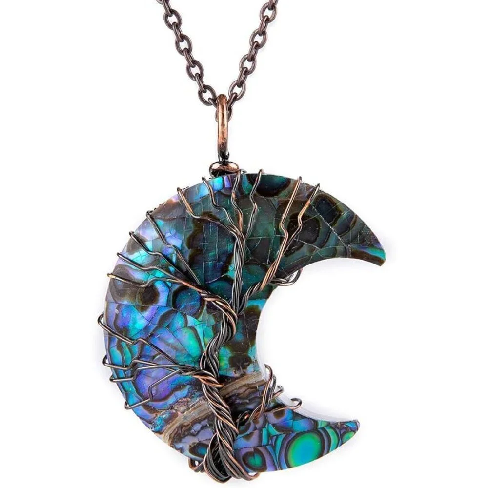 Witch Moon Necklace Copper Wire Abalone Crystal Pendant Natural Stones